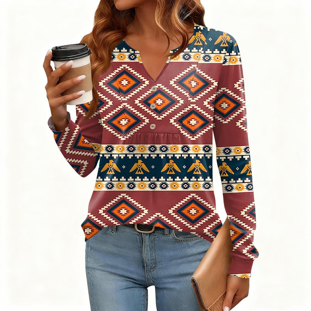 Women's Relaxed,Fit V,Neck Vintage Color,Blocked Floral Print Long,Sleeve Pullover Tee