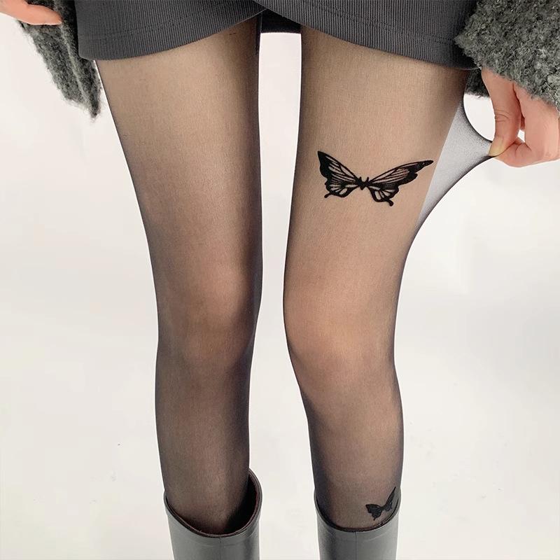 Women Ultra-Thin Tights Sexy Vintage Y2K Fake Tattoo Butterfly Black Transparent Silk Pantyhose
