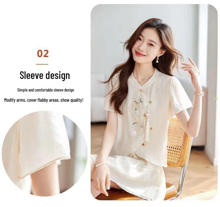 2024 Summer Women's Embroidered Chiffon Two-Piece Set: Chinese Style Shirt & Skirt