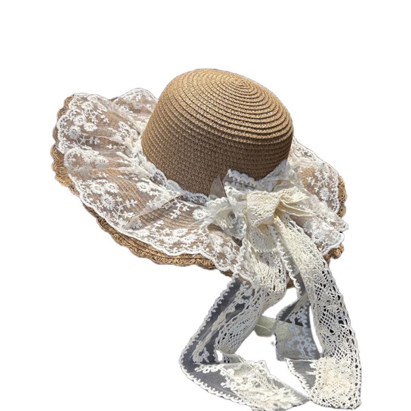Women's Wide Brim Straw Hat with Lace Bow - Summer Beach Vacation Sun Protection