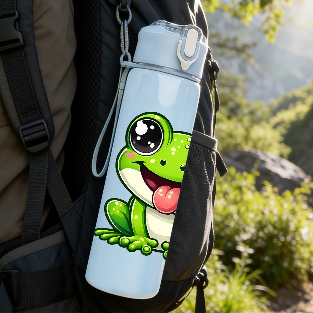 1PC Cute Smiling Green Frog Cartoon Print 750ml Color Plastic Sports Water Bottle Leakproof Flip Straw Lid Suitable for Sports Office Home Use