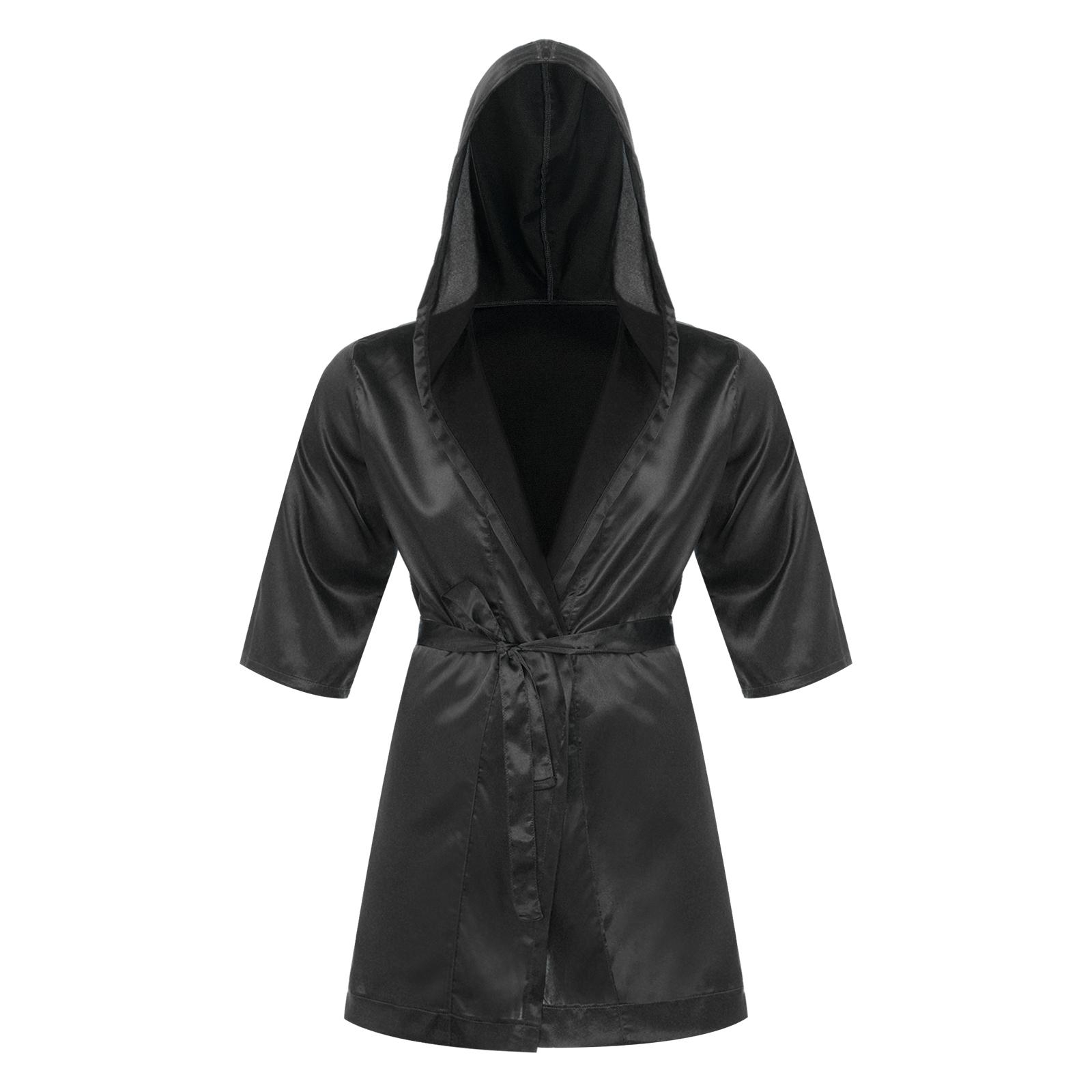 

Чоловічий атласний халат з капюшоном, кімоно з відкритим передом, з поясом, нічний одяг для відпочинку, халат з рукавом три чверті XL чорний