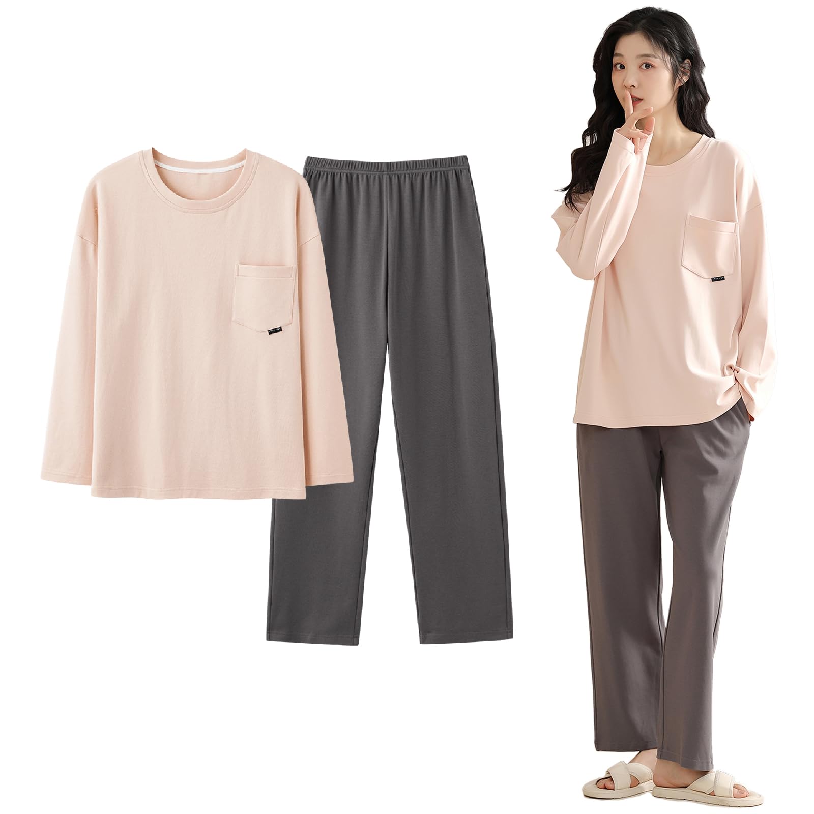 

Cotton Blend Air Cotton Loose Fit Top and Bottom Pajamas Quilted Knit Casual Loungewear Long Sleeves Convenient Sleepwear XXL [Yogwoo] Women s