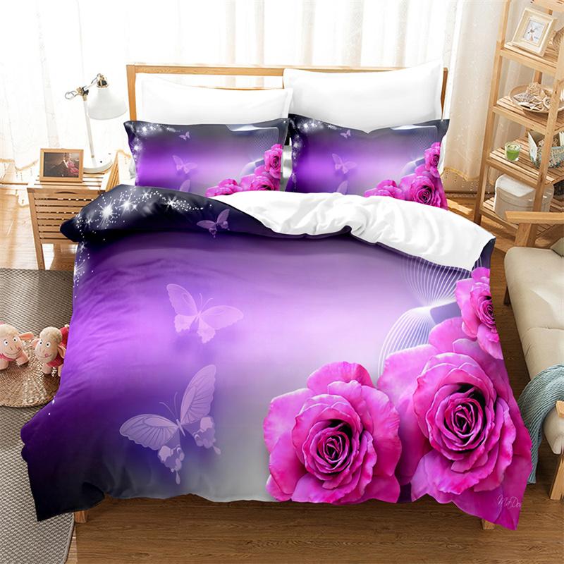 Comforter Purple Flower Double Bed 200X200 Thin Floral Bedding Set 3Pcs 2Pcs With Single 220X240