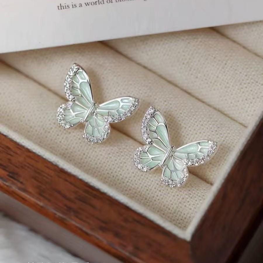 925 Silver Needle Zircon Mint Green Butterfly Stud Earrings For Women Party Classic Fine Jewelry Light Insect Accessories