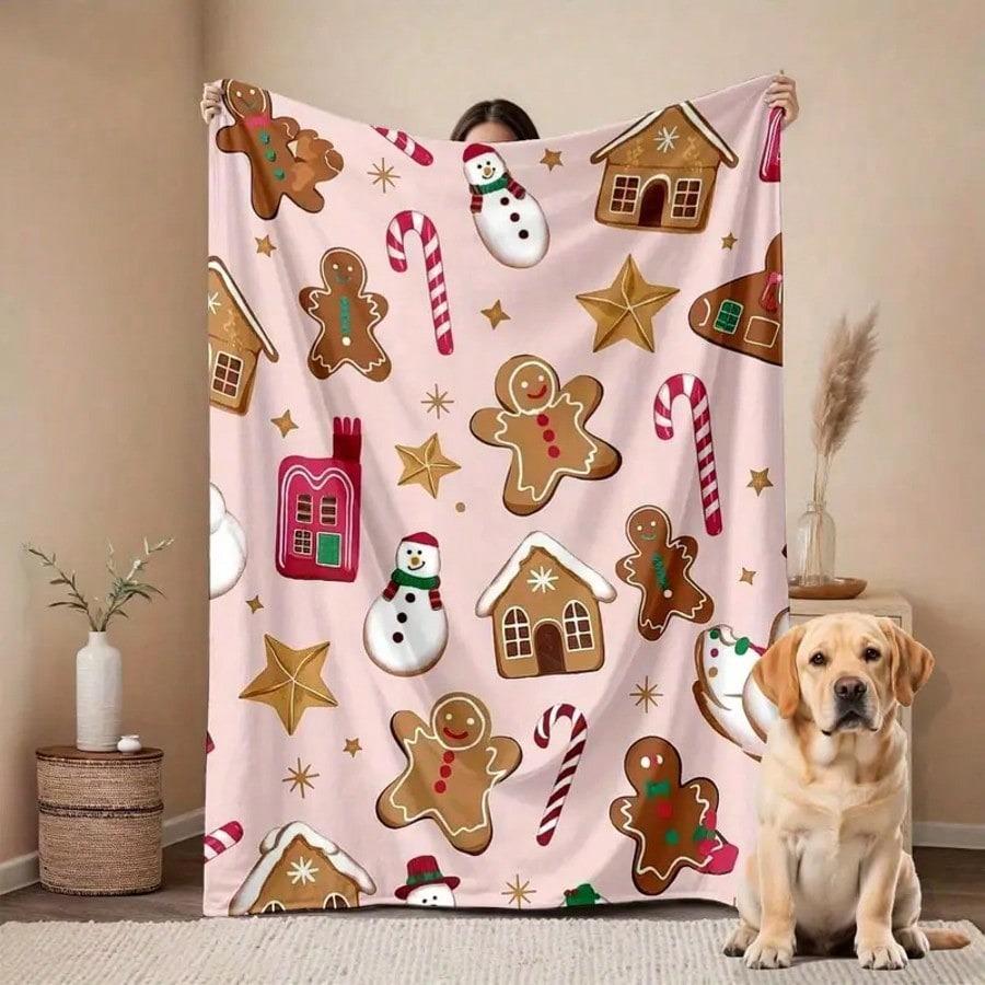 Lebkuchenmann Weihnachtsbaum Bedruckte Flanelldecke Zuhause Reise Campingdecke Verdickter Flanellschal Überwurf Teppich Weich Auto