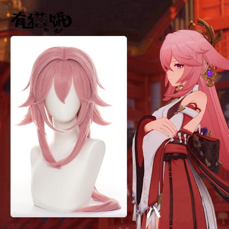 Genshin Impact Yae Guuji Cosplay 85cm Wig Pink Wig Cosplay Anime Cosplay Wigs Heat Resistant Synthetic Hair Wigs + Wig Cap