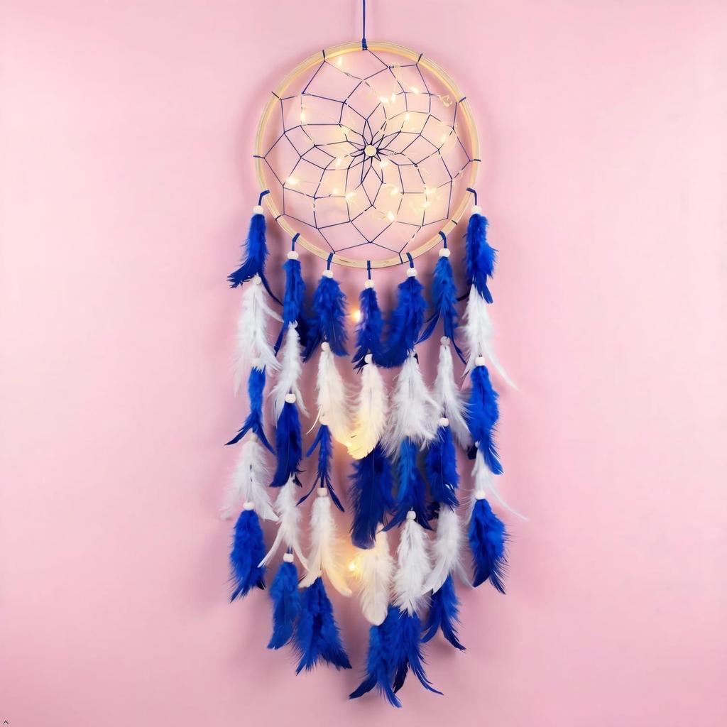Cattura Sogni in Legno Artigianale con Luce LED - Grande 7 pollici, Appeso a Parete Stile Boho Rustico, Decorazione Camera da Letto Soggiorno, Blu