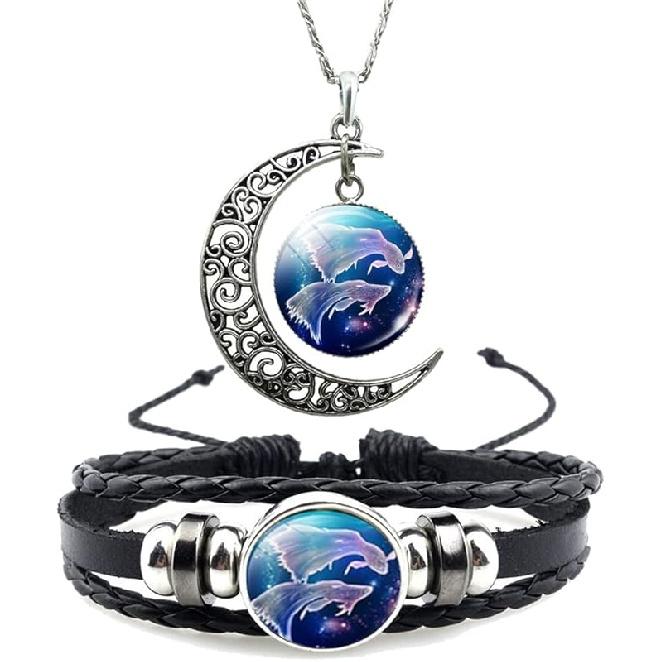 12 Zodiac Constellation Necklace Bracelet Time Gemstone Horoscope Astrology Moon Crescent Necklace for Women Men Birthday Gift Jewelry