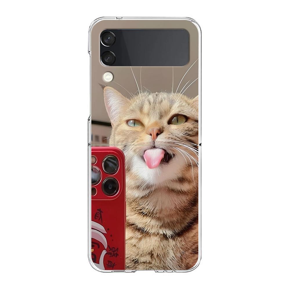 Transparent Phone Case For Samsung Galaxy Z Flip 3 4 5 6 7 Hard Folding PC Z Flip3 Flip4 Cover Funny Cartoon Korean Cat Couple