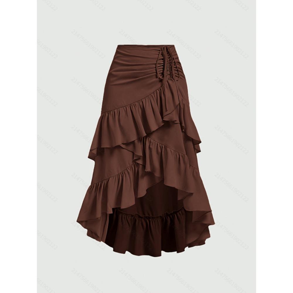 Gonna midi da donna a vita alta, vestibilità regolare, elegante, tinta unita, con coulisse, arricciata, con volant, orlo asimmetrico