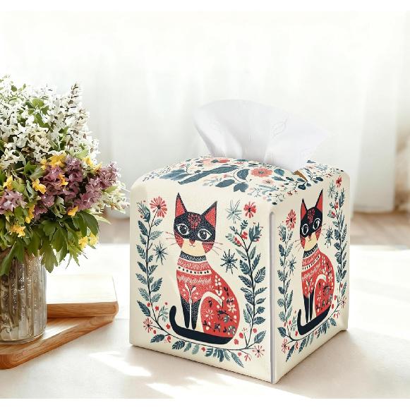 Cat Tissue Box Holder, Nordic Cat Leather Tissue Box Cover Square, Paper Napk Everyday Dispenser Accessories for Bathroom Vanity Countertop Night