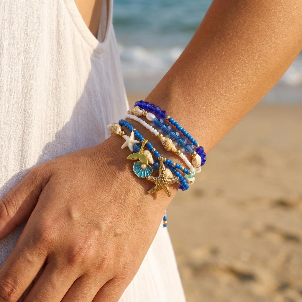 5Pcs Boho Starfish Shell Layered Beaded Bracelet Set for Women Dainty Crystal Elastic Beacelets Beach Party Jewelry Gift