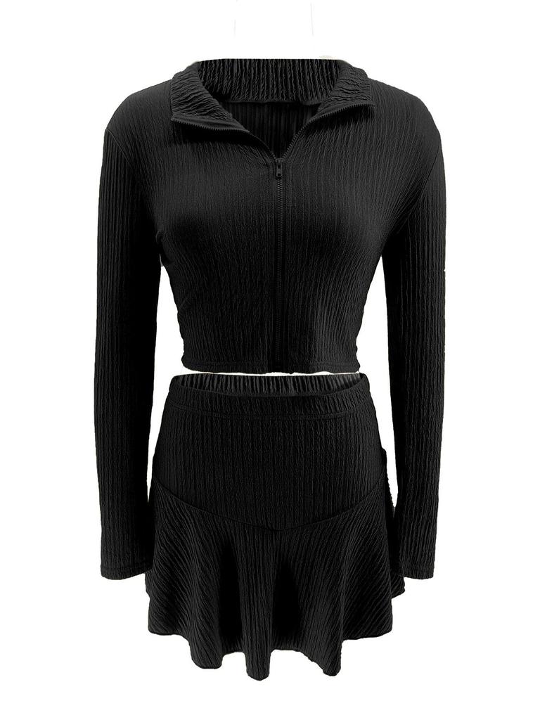 Dames Effen Kleur Rits Cropped Top & Ruche Rokje Set