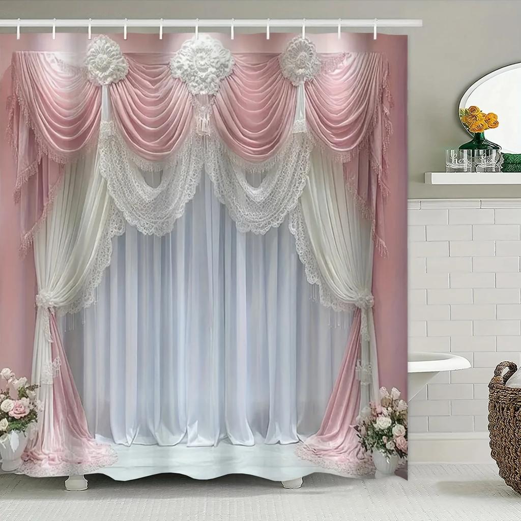 1 Pezzo Tenda da Doccia Floreale Romantica con Fiori Rosa e Bianchi Moderna Decorativa per Bagno di Casa