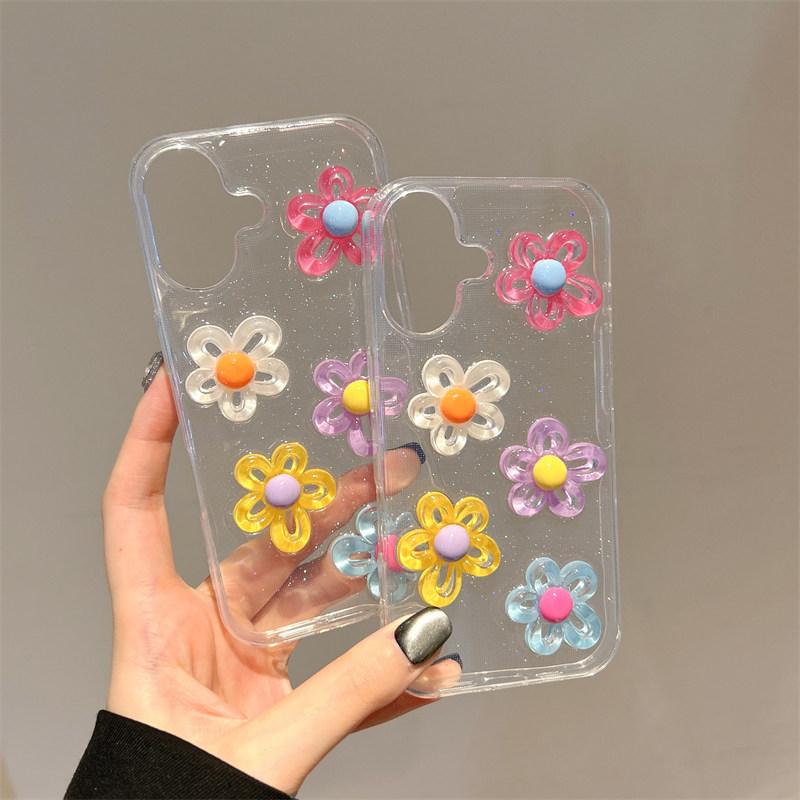 Cute Transparent 3D Colorful Flower Glitter Sparkle Effect Girly Phone Case for iPhone17 Air 16 15 14 Plus 13 12 11 Pro Max Back Cover