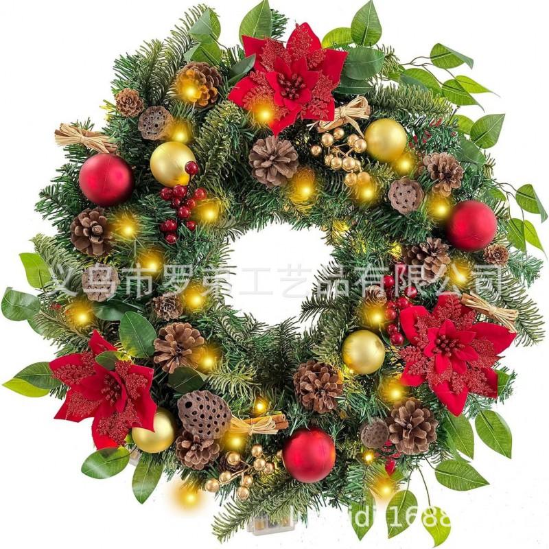 Christmas Decorations Set: LED String Lights Red Poinsettia Flowers Wreath Door Hanging Home Festive Interior
