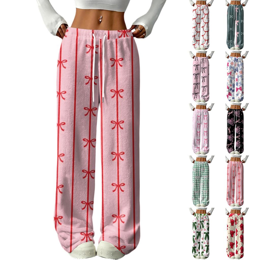 Women's Casual Fashion Printed Elastic Waist Loose Straight Leg Pants With Rope