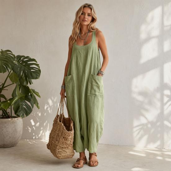 Summer Maxi Dresses for Women, Square Neck Sleeveless Casual Loose Long Dress, Beach Vacation Sundress with Pockets