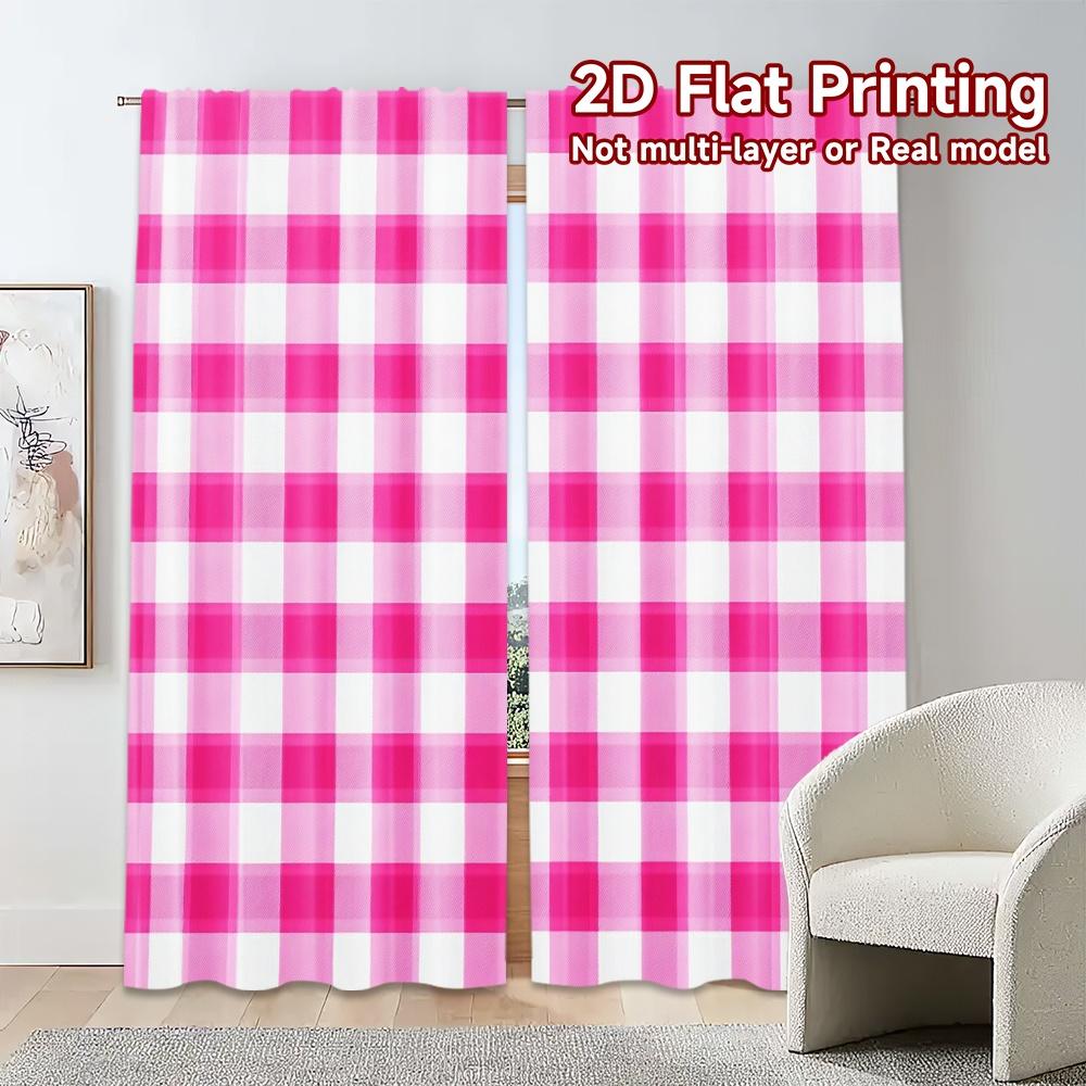 2pcs, 2D FLAT PRINTING Curtains (Without Rod) Pink Plaid Chic Print Curtains Machine Washable Fabric Curtains Room Decor