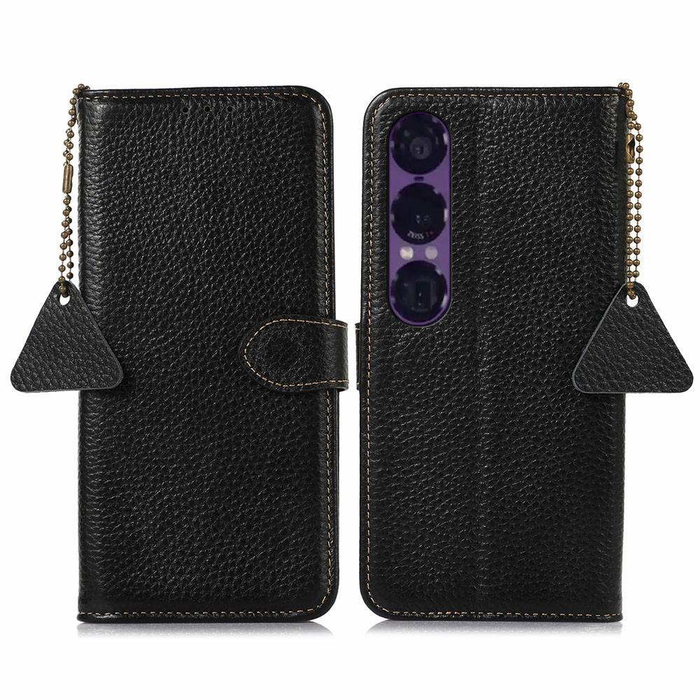 For Sony Xperia 1 VII Case RFID Blocking Genuine Cow Leather Phone Cover Litchi Texture