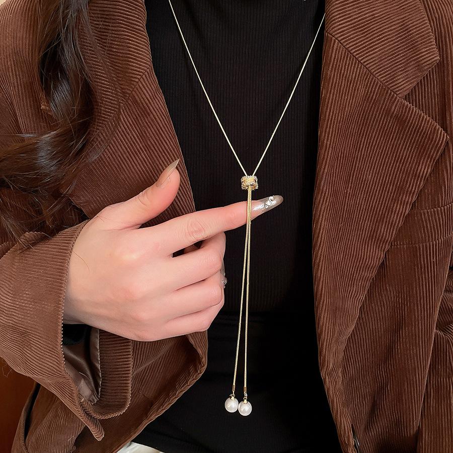 Minimalist Tassel Round Pearl Pendant Necklace Simple Adjustable Necklace Women Daily Sweater Wear Fashion Jewelry Gift Necklace