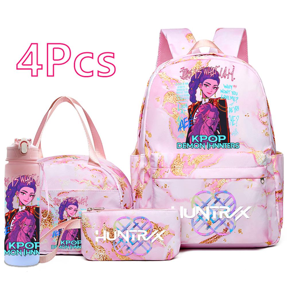 4Pcs/set Cartoon K-Pop Printed Backpack Handbag Pencil Case with 750Ml Water Bottler for Teenager Boy Girl Schoolbag Large Capacity Bookbag Mochila