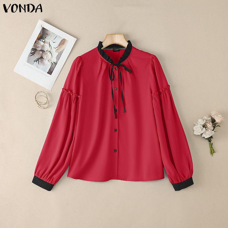 VONDA Women Casual Lace-up Neck Long Sleeve Stitching Solid Color Loose Blouse