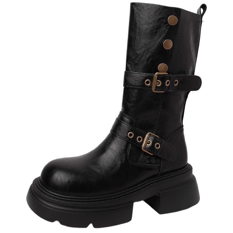 Thick-soled Martin boots for women's autumn and winter 2025 new retro suede medium boots belt buckle two wear western cowboy boots