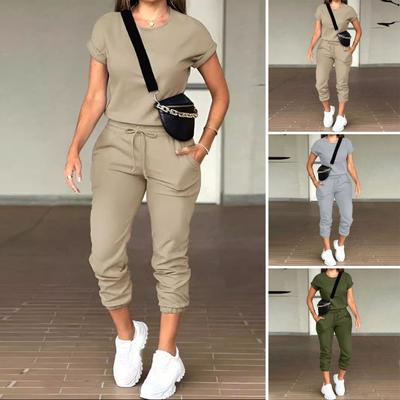 Damen Kurzarm-Trainingsanzug-Set, lässiges Oberteil mit Rundhalsausschnitt und Jogginghose mit Kordelzug und Taschen, zweiteiliges Sweat-Set für Damen