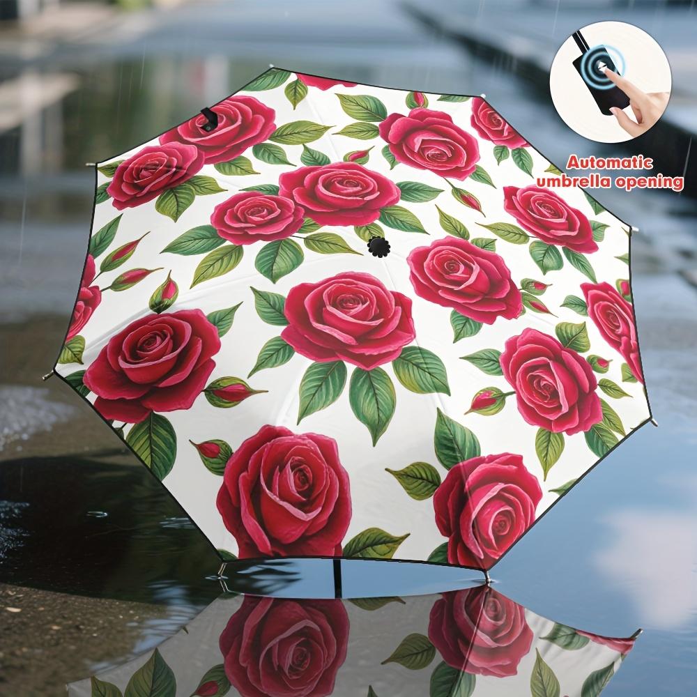

1pc Automatic Open/Close Umbrella with Vintage Red Roses & Green Leaves - 8-Rib Reinforced Frame, Compact Travel Umbrella with Iron&8K