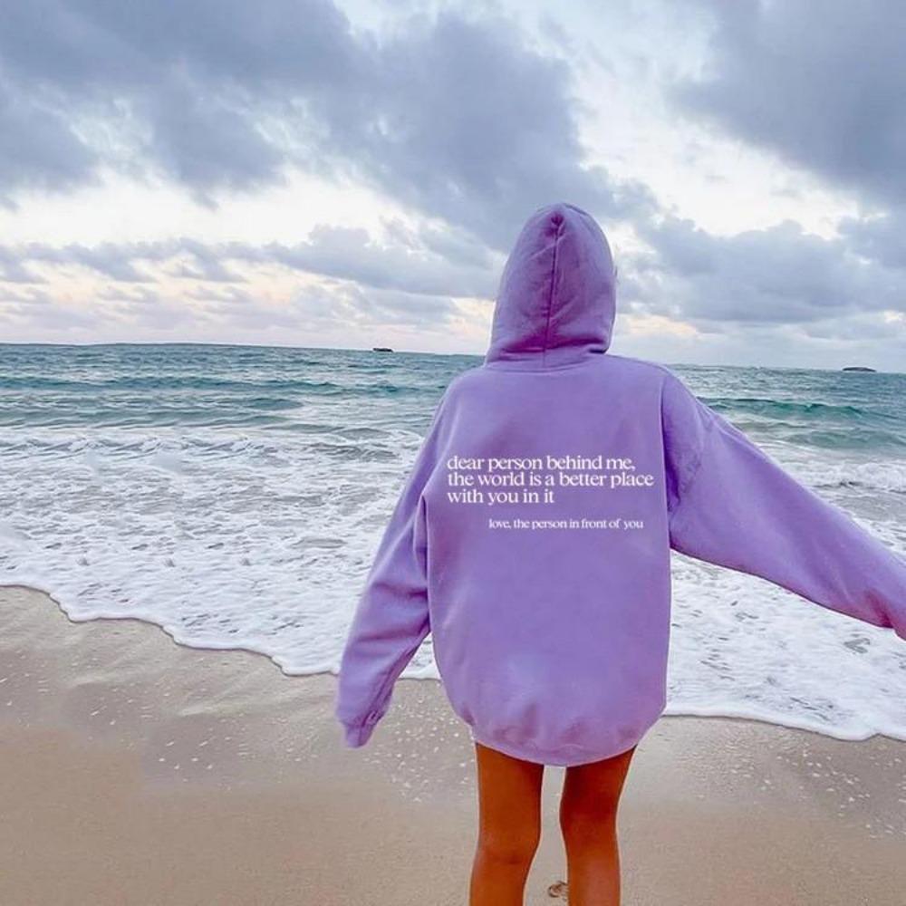 Women'S Shoulder Sleeve Fleece Sweater Plain Letter Print Kangaroo Pocket Drawstring Print Hoodie