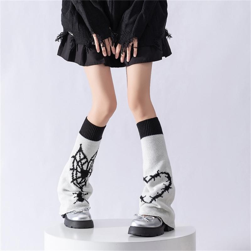 Reversible Knitted Long Tube Leg Warmers with Cute Cats Pattern for Women Punk Grunge Flared Boot Covers Footless Socks