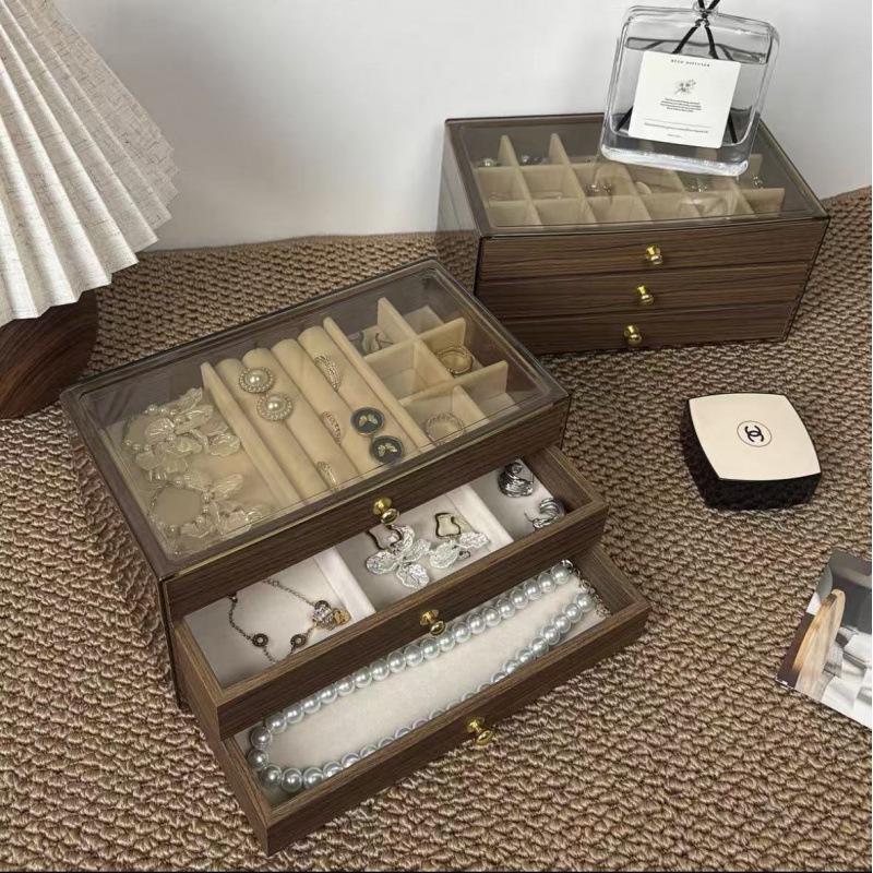 Velvet Walnut Three-Layer Jewelry Box for Earrings, Necklaces, and Bracelets - Large Capacity Display