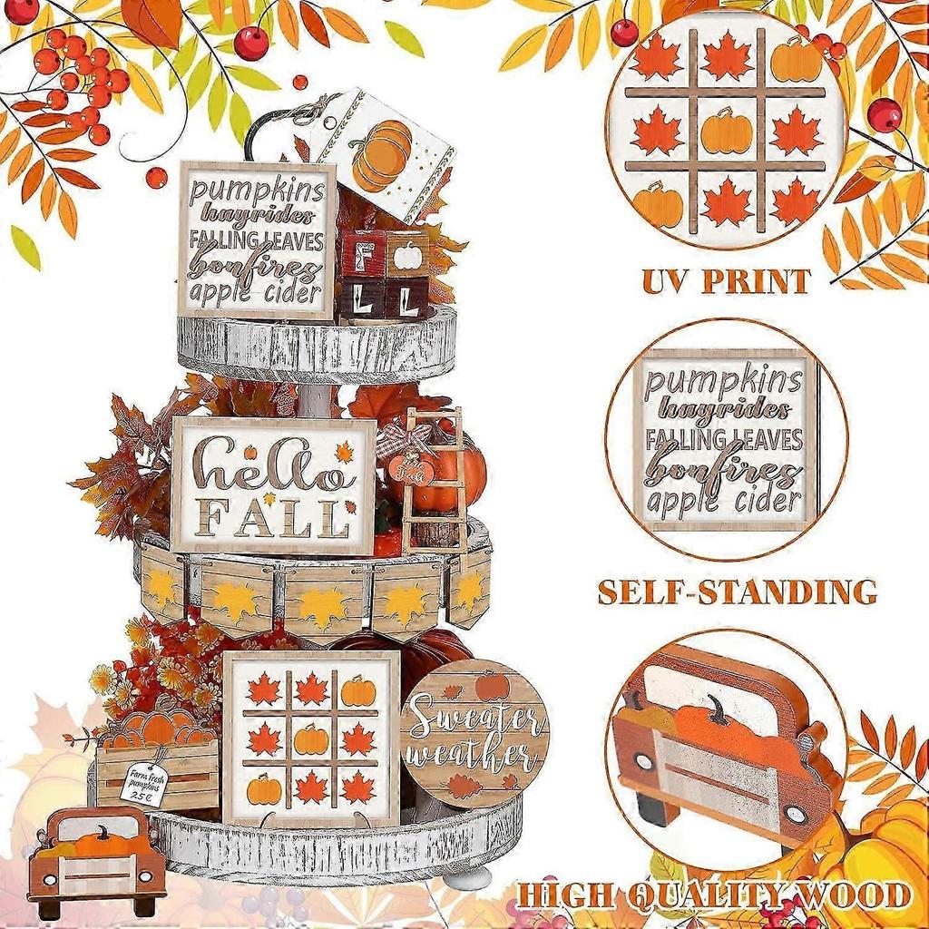17Pcs Fall Tiered Tray Decorations Set, Thanksgiving Pumpkin Maple Tiered Tray Decorations Set, Rustic Farmhouse Pumpkin Truck Spice Blocks Autumn Woo