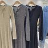 Women's Slim Fit French-Style Knit Dress - Waist-Hugging, Half-Open Collar, Solid Color, Autumn/Winter.