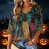 Women's V-Neck Halloween Print Lightweight Top for Spring and Summer