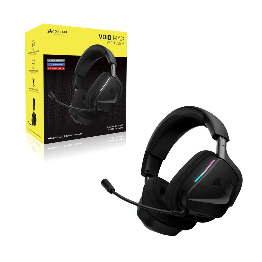 Corsair Bezprzewodowy zestaw słuchawkowy do gier Bluetooth VOID v2 MAX dla i Mobile Dolby Sonarworks Bateria Szybki i Mikrofon Włókno Węglowe PC, PS5, PS4, Switch, –