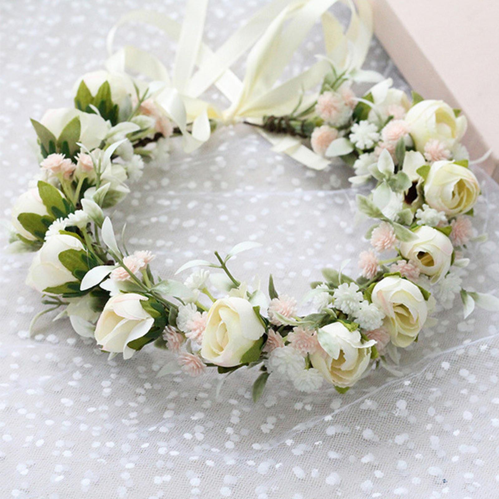 Boho Floral Wreath Headband Forest Style Simulated Flower Hairband for Bridesmaid Wedding Dating бежевый
