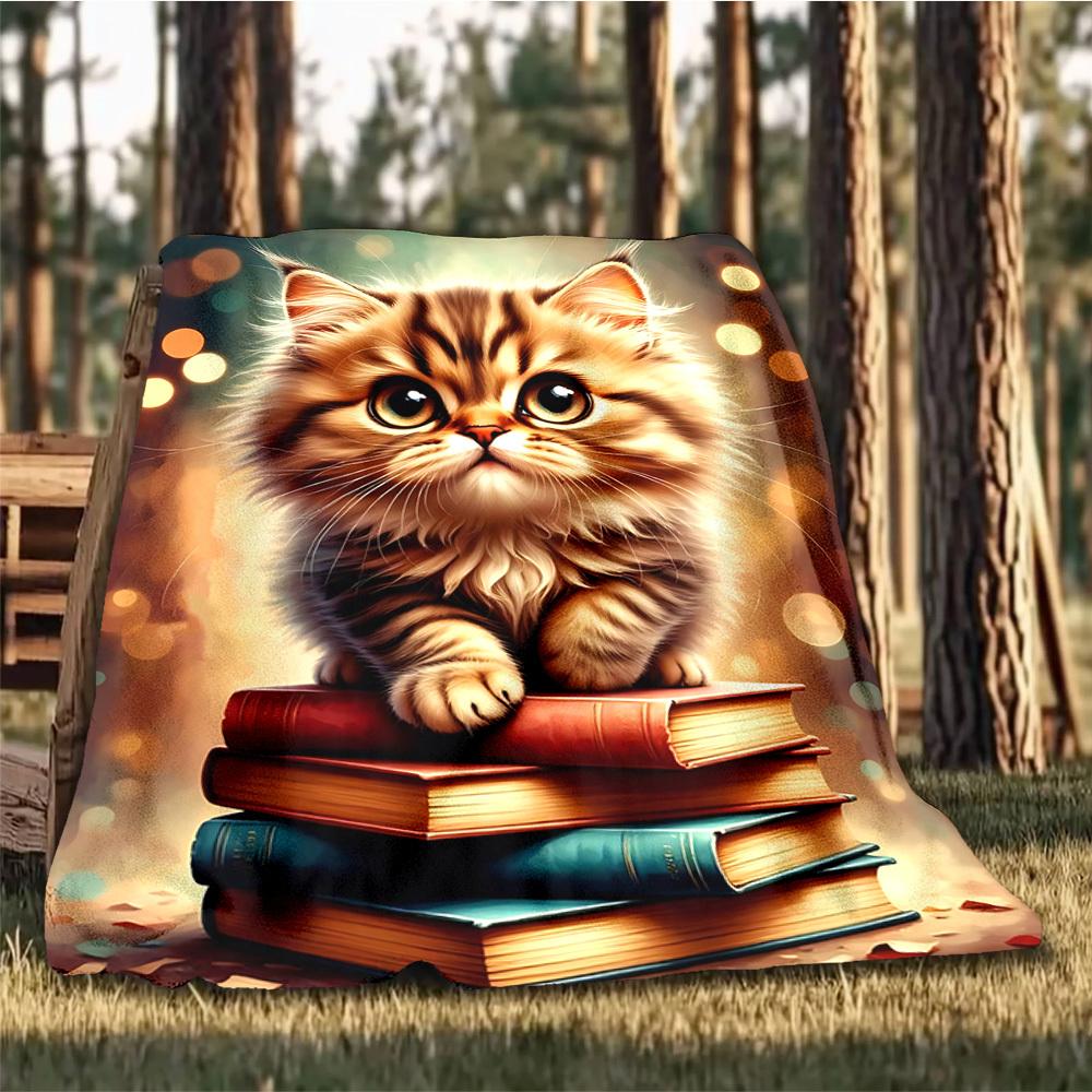 1pc Cat Books Outdoor Blanket - Soft Flannel Cozy for Travel & Camping - All-Season Warm Bed Cover, Machine Washable yy251229103 75x90cm