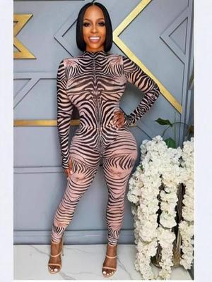 Women's Zebra Print Slim-Fit Long-Sleeve Jumpsuit
