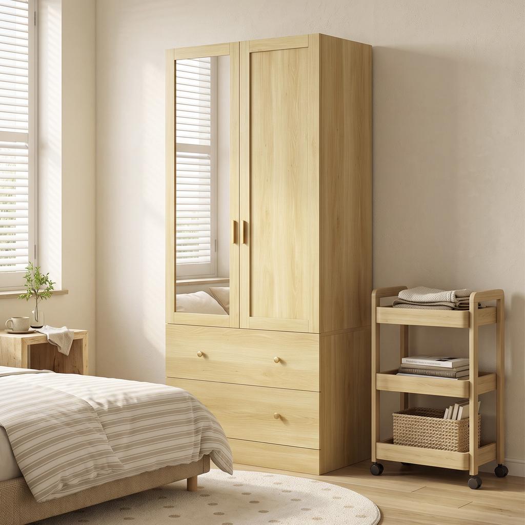 Bedroom Wardrobe with Mirror, 2 Doors, 2 Drawers, Hanging Rail, 80 x 50 x 180 cm, Oak