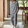 Men's Linen Hooded Two-Piece Set: Half-Zip Long Sleeve Shirt and Jogger Pants for Beach Vacation