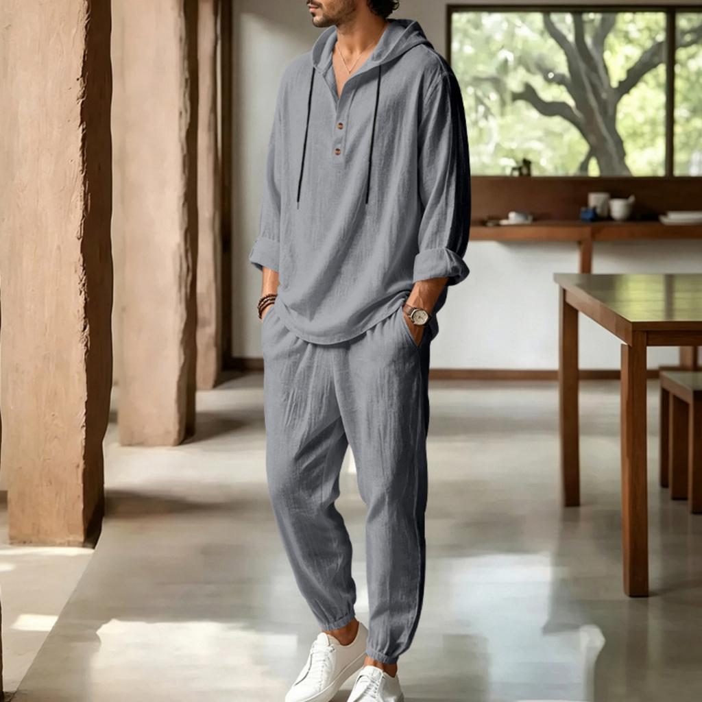 Men's Linen Hooded Two-Piece Set: Half-Zip Long Sleeve Shirt and Jogger Pants for Beach Vacation