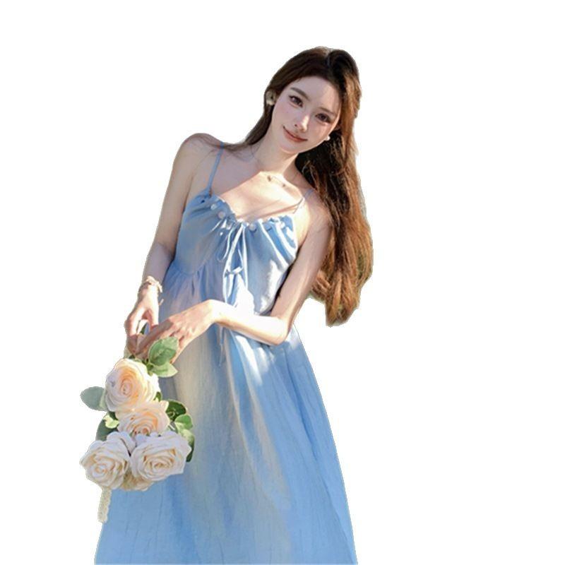 Blue Vacation Suspender Dress Women's Seaside Photo Backless Neck Simple Design French Temperament Long Dress Summer