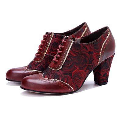Scarpe col tacco da donna fatte a mano in vera pelle, tessuto stampato patchwork, retrò, comode, con tacco alto