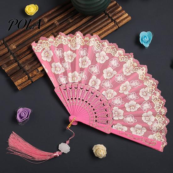Flower Patterned Fan Retro Lace Folding Portable Lightweight Chinese Dance Handheld Cherry Blossom Compact Travel Pattern Elegant Women's with Tassel