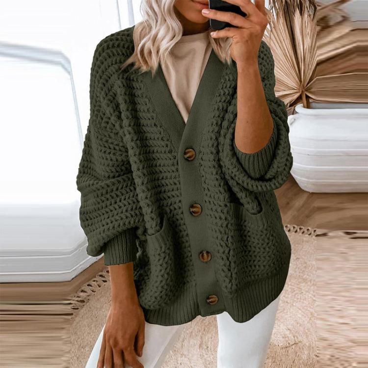 Damski sweter kardigan z grubej dzianiny na co dzień z długim rękawem zapinany z przodu jednolity kolor moda