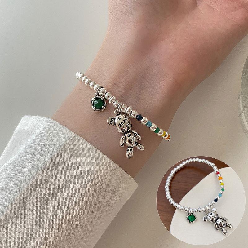 

Браслет в корейском стиле из серебра 925 пробы с радужными бусинами в форме сердца и мишкой - Женская модная бижутерия