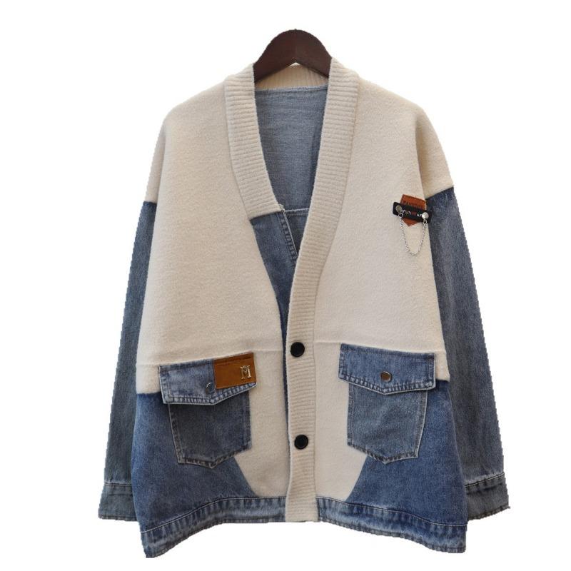 Splicing denim knitted double-sided woolen cardigan autumn and winter new loose design sweater jacket women
